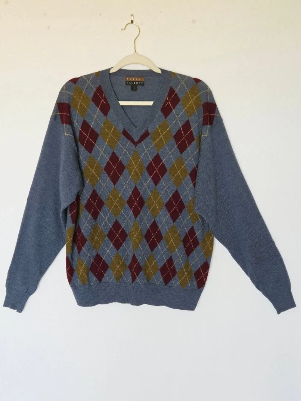 Vintage'90s Robert Talbott Argyle 100% Merino Wool V-Neck Sweater Blue